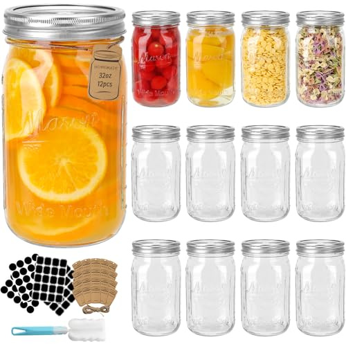 HYCKee Wide Mouth Mason Jars1000ml, 12 Pack Glass Canning Jars with Airtight Lids and Bands, Large Canister for Pickling, Canning, Fermenting and Food Storage, Microwave & Dishwasher Safe