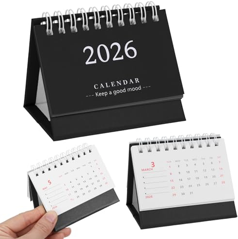 Tyqour Small Desk Calendar 2026 Mini Calendar Standing Flip Desktop Calendar2026 Metal Ring Binding, Compact Size for Home Office School Black