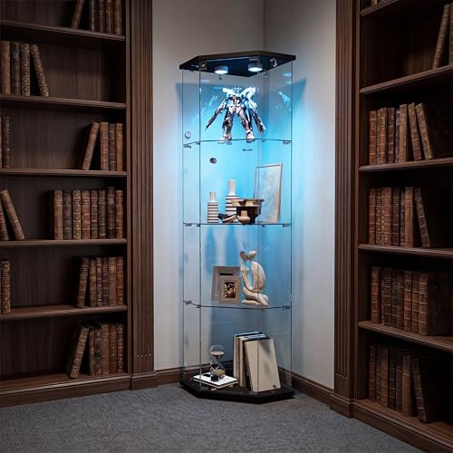 Vitrina de esquina de cristal con iluminación, vitrina de pie, vitrina de coleccionista, vitrina de cristal con 1 puerta, armario de 4 pisos, pentagonal, para salón, dormitorio, oficina (negro-A, 1