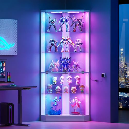 175 CM Vitrina de Esquina con Sensor de Movimiento para Coleccionista | 5 Capas Vitrina de Cristal con RGB Color de Luces 3 Estantes Ajustables para Salón,Expositora Blanco