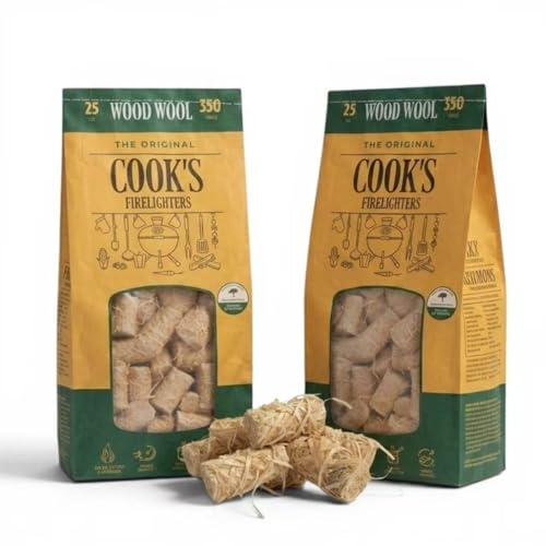 2-Pack, 2x25pcs Cook's Wood Wool Firelighters 25pcs, 350g - Natural Long Burning Fire Starters, Small Compact Pack for BBQ, Stoves and Campfire (2-Pack, 2x25pcs)