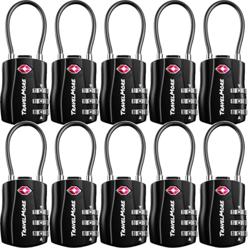 TravelMore 10 Pack TSA Approved Travel Combination Cable Luggage Locks for Suitcases - Orange (10 Pack, Black)