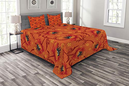 ABAKUHAUS Orange Tagesdecke Set, Mohnblumen-Blumen Romantik, Set mit Kissenbezug Feste Farben, für Einzelbetten 170 x 220 cm, Verbrannt orange gelb schwarz