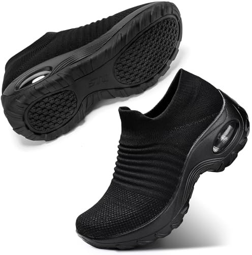 STQ Damen Schuhe Slip On Sneakers Freizeit Atmungsaktive Fitness Turnschuhe Plattform Air Leichte Outdoor Walking Schuhe All Schwarz 39 EU