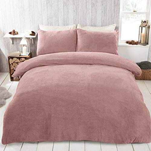 Brentfords Teddy Fleece Duvet Set King Size, Pink Fluffy Duvet Set Winter Christmas Bedding King Size Fluffy Fleece Ultra Soft Warm Covers with Pillowcases