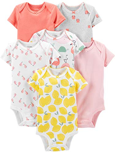 Simple Joys by Carter's Baby Girls' Short-Sleeve Bodysuit, Pack of 6, Multicolor/Birds/Fruit/Lemon/Turtle, Newborn