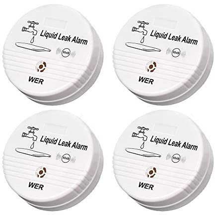WER Sensor De Alarma De Fugas De Agua, Alerta De Fugas con Pilas, Detector De Agua De 90dB para Sótanos, Baños, Lavanderías, Cocinas, Garajes Y Áreas De Oficina (Se Envía Sin Batería, 4 Unidades)