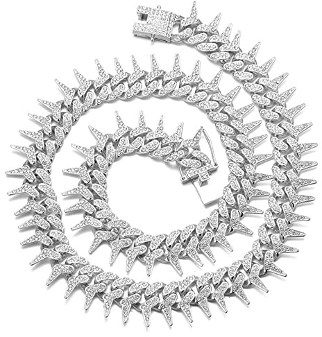 HALUKAKAH Diamant Chaîne Or pour Hommes Iced Out,19MM Conception d'épines Finition Or Blanc Platine Collier 60cm,Cz Complet Taille Diamant Ensemble de Broches,Cadeau pour Lui