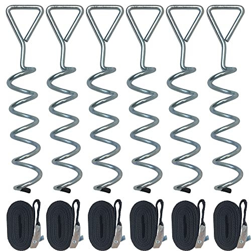 MUKCHAP Set of 6 31cm Trampoline Anchor Kit with Triangle Head, Galvanized Spiral Ground Anchor Set with Stakes and Straps for Sheds, Swings, Tents