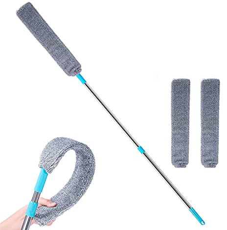 Artefact de Nettoyage Anti-Poussière Rétractable,Artefact Rétractable de Nettoyage des Poussières,Plumeaux en Microfibre Amovibles Et Lavables,Brosse à poussière télescopique pour Sec et Humide