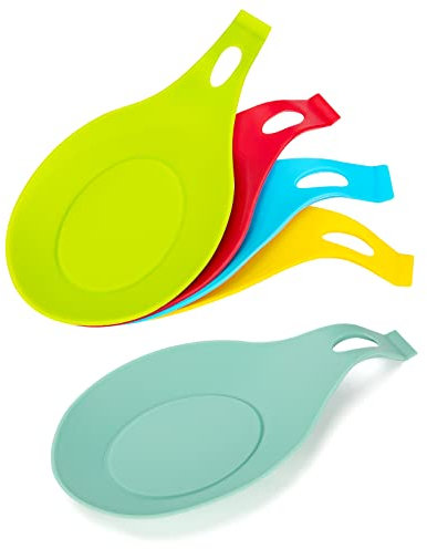 Poggia Cucchiaio Silicone Poggiamestolo Resistente al Calore da Cucina Porta Cucchiaio Flessibile a Forma di Mandorla per Spatole, Cucchiai 5 Pezzi (5 Colori)