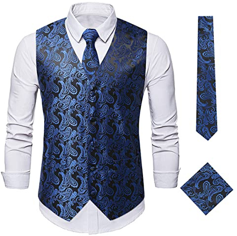 Oanviso Gilet da Suit da Uomo Classico Paisley Jacquard Panciotto Slim Fit Monopetto Gilet 3 Pezzi Gilet Set (Gilet da Abito+Cravatta/Papillon+Fazzoletto) Elegante Formale Gilet A Blu XL