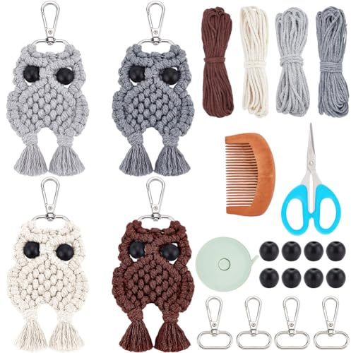 WEBEEDY 4 Ensemble de Porte-Clés Hibou en Macramé avec Breloques Hibou, Porte CléS Macramé Porte CléS Frange Fournitures en Macramé pour Décoration D'Halloween Cadeaux de Remise de Diplôme