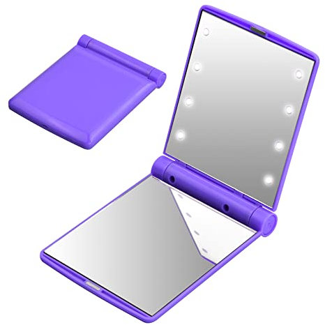 Kompaktspiegel mit Licht, Kosmetischer Spiegel mit 8 LED Lichter, Schminkspiegel mit Beleuchtung, Kleiner Taschenspiegel, Handspiegel Zweiseitiger Eckiger Taschenspiegel, Geschenke für Mädchen(Lila)