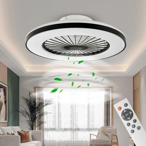 BKZO Modern LED Ceiling Light with Fan, Ceiling Fan with lamp, 24 Ventilation speeds, infinitely dimmable Light for Living Room, Bedroom, Office, 3000-5500 K, (Black Frame 50CM)