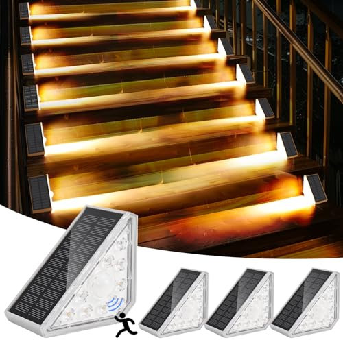 GuKKK Lampe Solaire Exterieur, 4 Pièces Lampes Solaires d'escalier avec Detecteur, 3000K Escaliers éclairage pour Chemins, Eclairage Exterieur Solaire, IP67 Imperméable Lampes Led Escalier Jardin