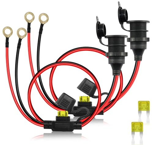 HATMINI 2 Stück 12 V/24 V Zigarettenanzünder-Buchse mit festem Gewinde auf O-Ring-Klemmenkabel, 20 A, 14 AWG, wasserdichtes Zigarettenanzünder-Buchsen-Ersatzkabel, 8 mm Ring-Ösen-Klemme, 1FT