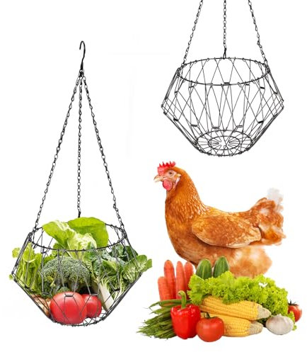Yallmie 2 Stück Hühner Futternetz Zum Aufhängen, Faltbarer 16.5cm Hühnerfutter Netzbeutel Metall Hähnchen Futterautomat, Obst und Gemüse Heunetz Hängend mit 3 Ketten Zum für Küken Enten Vögel, Mehr