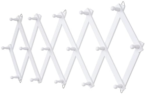 Qiannhee Wandgarderobe Holz Weiß Garderobenleiste Wandmontage mit 16 Haken Akkordeon Kleiderhaken Wand Flurgarderobe Tassenständer Hutablage Wand für Wohnzimmer Zimmer Massivholz Naturholz 80cm 100cm