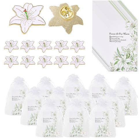 Lily Memorial Pins,30 Set Funeral Favours For Guests,Funeral Decorations With Lilies Memory Pins,Memory Cards,Organza Bags