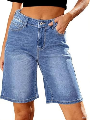 LuminBlaze Short en Jean Femme Taille Haute Tendance Longueur Genou Jean Court Extensible Jambe Large Coupe Ample Bermuda Long