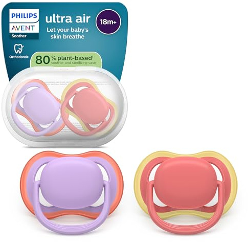 Philips Avent chupetes ultra air: diseño anatómico, para bebés a partir de 18 meses, tetina simétrica de silicona suave, sin BPA, con estuche esterilizador, paquete de 2, SCF349/46