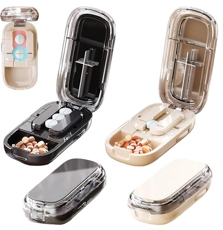 2Pcs Pill Cutter, New Adjustable Pill Cutters Splitter for Small & Tiny & Large Pills, Portable 1/2 1/4 Tablet Cutter for Pills, Cutting & Storage 2-in- 1 Tablet Dispenser for Travel (White + Black)