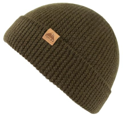 TOP-EX 100% Merino Wolle Fisherman Beanie Herren & Damen, Thermo Winter mütze, Unisex Stretchy Weich Wollmütze für Geschenk, Trawler Mütze, Troyer hat für Outdoor Ski Jagd, Urban Olive M/L