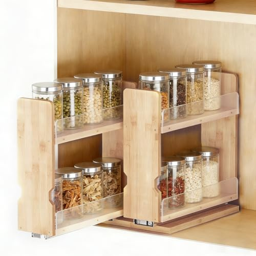 BUERPINKING Gewürzregal Ausziehbar aus Bambus, 2 Schubladen 2 Etagen Küchenregal Arbeitsplatte, Gewürz-Organizer für Küche & Schrank, Gewürzregal Stehend Platzsparendes, Sammlerstücke Aufbewahrung