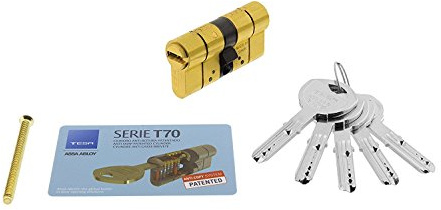 Tesa Assa Abloy, T75D3030L, Cilindro de Alta Seguridad, T70 DS, Doble Embrague, Leva Larga, Llave - Llave, Latonado, 30 x 30 mm