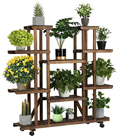 Yaheetech Étagère à Fleurs en Bois Supports de Pots à roulettes Porte Plante 9 Tablettes Escalier Présentoire de Jardin 124,5 x 33 x 120 cm