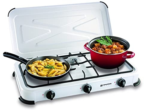 KEMPER - Plaque de cuisson gaz 3 feux portable 3450W Blanc Couvercle amovible - Réchaud Camping Connexion Bouteille de Gaz Butane/Propane simple & sécurisée