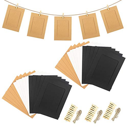 30 Pezzi Cornice di Carta per Foto Sospesa con Clip e Corde di Canapa, 6x4 Inch DIY Cornici per Foto in Carta Kraft, Portafoto in Cartone per Casa Scuola Ufficio Decorazione da Parete (3 Colori)