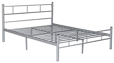 Panana Simple Modern Double Bed Metal Steel Frame 4ft6 with Metal Slats (Silver)