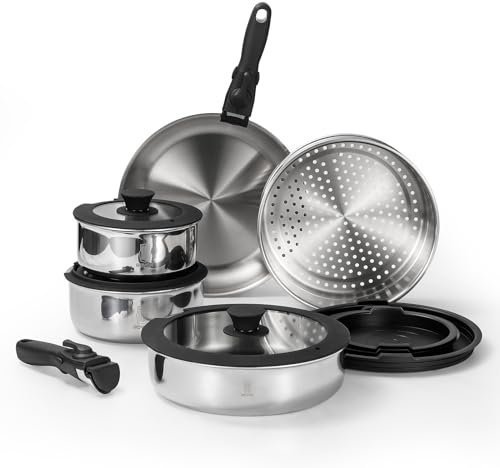 ROYDX 18/10 Edelstahl Töpfe Pfannen Set mit Abnehmbarer Griff, Pfannenset 24/26cm, Induktions Topfset mit Deckel, Edelstahlpfanne, ohne ptfe und pfoa Topf, Stapelbar, Spülmaschinen und Ofenfest