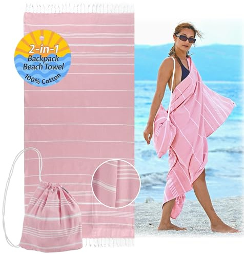 CalmyBEACH Serviette de hammam - Sac à dos - Serviette de plage - Serviette de bain - 100 % coton - 180 x 90 cm - Pour homme et femme - Serviette de yoga - Serviette de voyage (vieux rose)