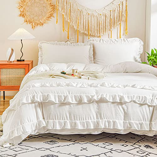 Jolusere White Ruffle Duvet Cover Set Full Size Solid Color Ivory White Comforter Cover Farmhouse Boho Aesthetic Shabby Chic Bed for All Seasons Soft Lightweight Microfiber Bed with Zipper Closure