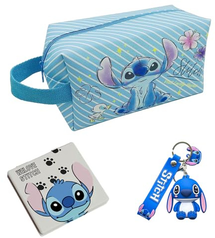 1 Stitc Trousse à Maquillage+1 Porte Clef+1 Mini Miroir,Sac de Maquillage de Voyage,Trousse de Toilette Femme,avec Miroir Cosmétique