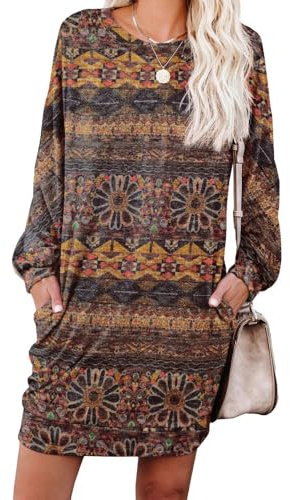 PrinStory Robe pull à manches longues pour femme, mini robes décontractées et amples en tricot, tunique basique, avec poches latérales