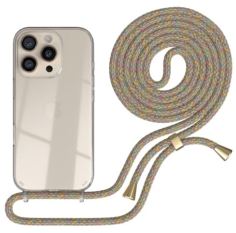 EAZY CASE telefonkedja kompatibel med iPhone 16 Pro - telefonfodral med nyckelband, telefonsladd med silikonfodral, fodral med rem, snygg kedja med fodral för smartphone i Regnbåge