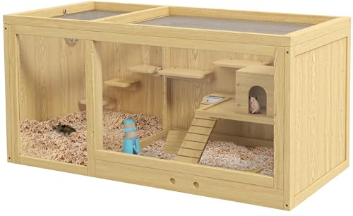 PawHut Wooden Hamster Cage with Water Bottle, Small Animal Exercise Play House with Platforms, Openable Roof, Sliding Tray, Hut, Seesaws, Natural Wood Finish