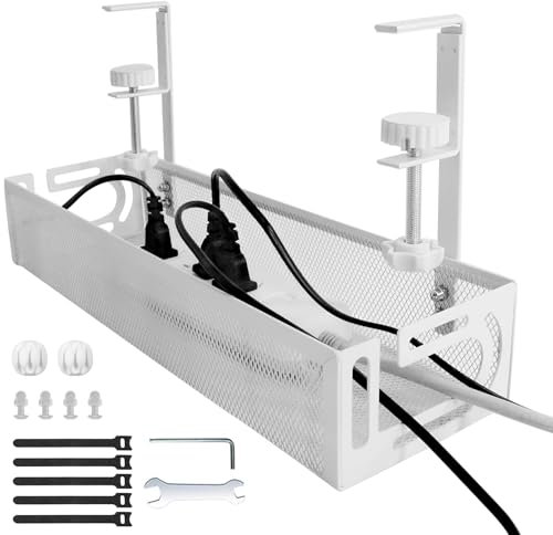 TUAKIMCE Under Desk Cable Management Tray, No Drill Metal Mesh Table Cable Baske for Managing Cables and Power Strips with Clamp Mount, No Damage to Desk, for Office Home, White