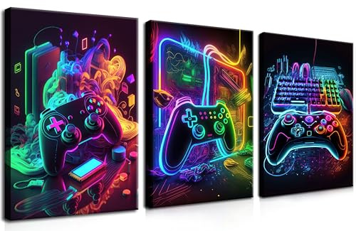MUWAK Gamer Room Decor Picture Canvas Wall Art for Teen Boys Room - Cool Colorful Accessories Gaming Theme Wall Decor Set of 3 - Game Paintings Print for Youth Boys Bedroom 16x24 inch