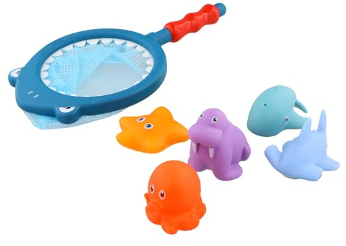 Ziyonix 7 Piezas Juguetes de Bañera para Bebés, Juguetes Piscina con Red de Pesca para Niños, Juguete Acuáticos de Animales Marinos para Niños Niñas, Juegos Educativos de Ducha para Bebés
