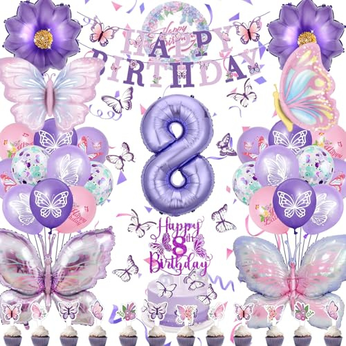 Decoracion Cumpleaños Mariposa Niña 8 Años, XXL Globo de Cumpleaños Mariposa Rosa Morado, Globo Infantil Decoraciones Pared Tartas y Bandera, Regalos Fiesta Infantil (Kit Fiesta Niña 8 Años)