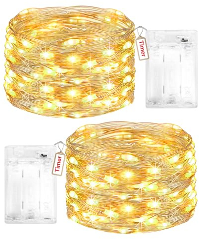 Peasur 2 Pezzi Lucine Led Decorative a Batteria con Timer, 3M 30 LED Scintillio Luci Led a Batteria, Impermeabile Mini Stringa Led Battery per Interni e Esterni, Natale, Feste, Bianco Caldo
