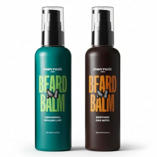 Men Rock Bálsamo para barba Duo Set – Acondicionador y cuidado de barba revitalizante y calmante, hidrata la barba y la piel, lima siciliana y musgo de roble, 2 × 100 ml