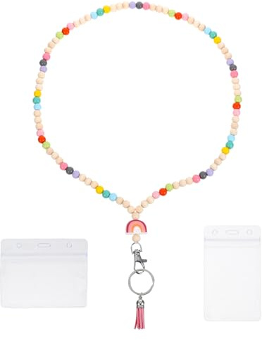 Cabilock Lanière en Perles de Bois Naturel pour Badge D'identification Femme avec Anneau Porte-clés à Dégagement Rapide, Cordon Porte-badge Transparent Vertical et Horizontal, Lot de 3 Set