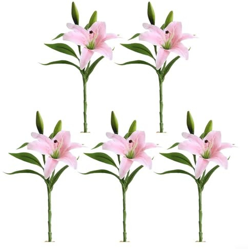 Glewi 5 fiori di giglio artificiali, realistici, in lattice, lunghi 38 cm, steli in plastica per bouquet di nozze, decorazione per la casa e le feste (polvere poco profonda)