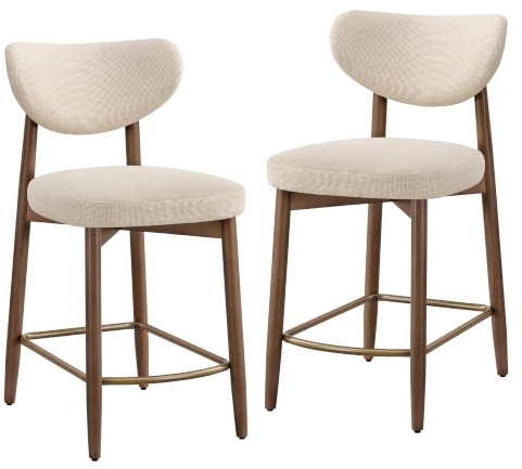 VASAGLE Tabourets de Bar, Bois Massif, Tissu Aspect Lin, avec Dossier, 50 x 51,5 x 95,5 cm, Lot de 2, Beige Clair, chaises d'îlot pour Cuisine, Collection Mazio LBC125L101
